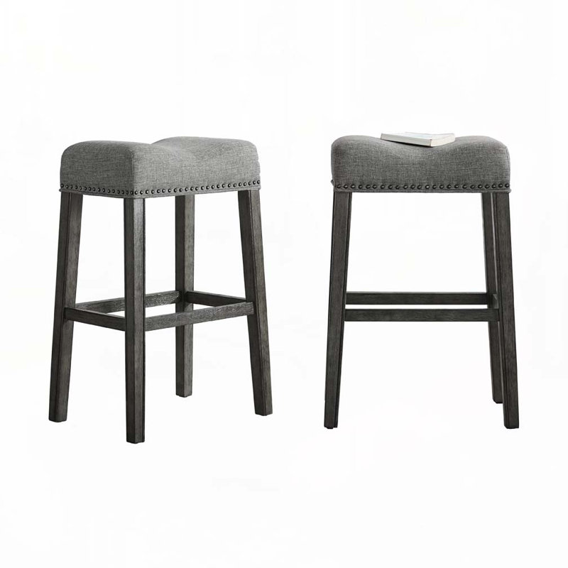 Backless Fabric Upholstered Wood Bar Stools Set with Nailedhead Trim