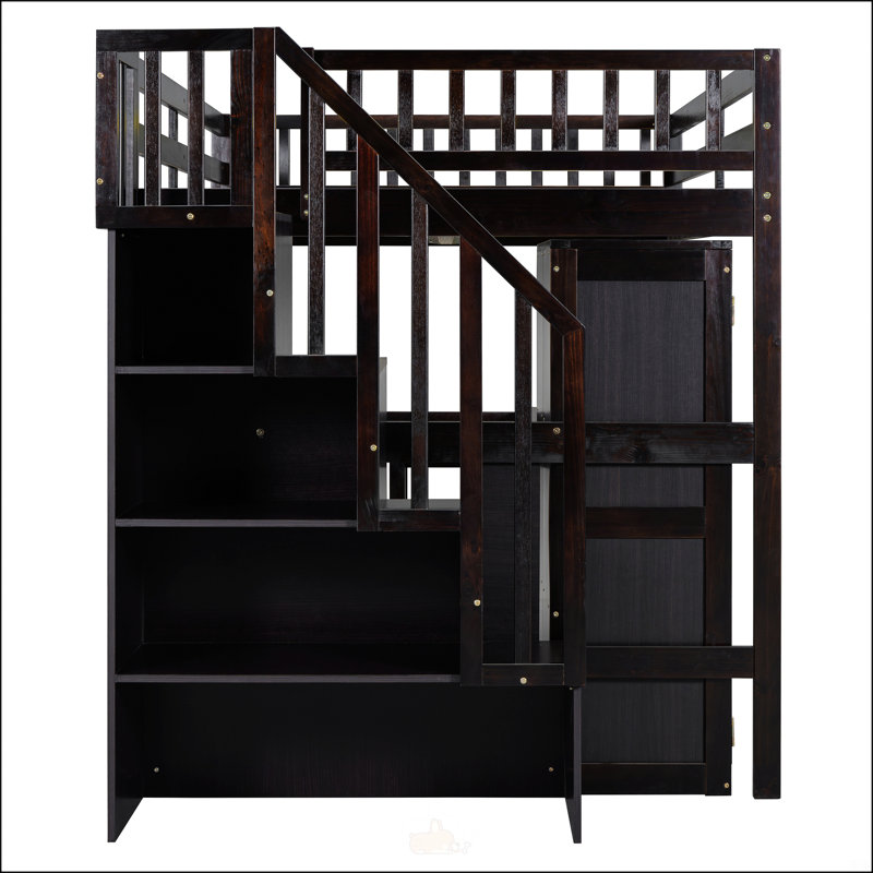 Lit mezzanine double avec escalier, Double, Espresso