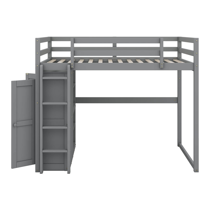 Lit mezzanine en bois pleine grandeur avec tablettes de rangement intégrées pour garde-robe et éclairage DEL, Gris