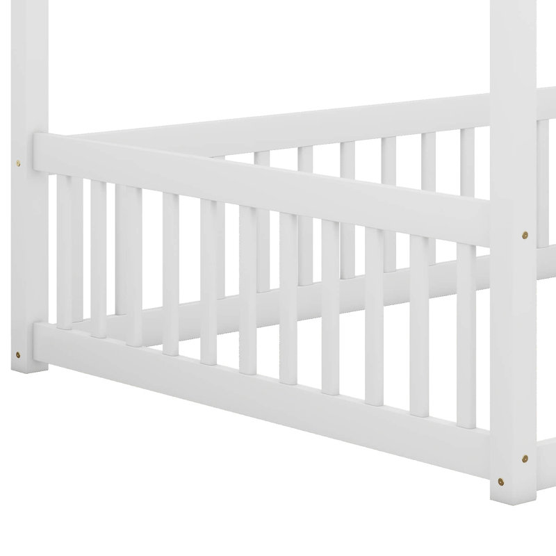 Lit plateforme à baldaquin, cadre de lit en bois avec clôture, cadre de lit à baldaquin à 4 colonnes avec garde-corps, Blanc