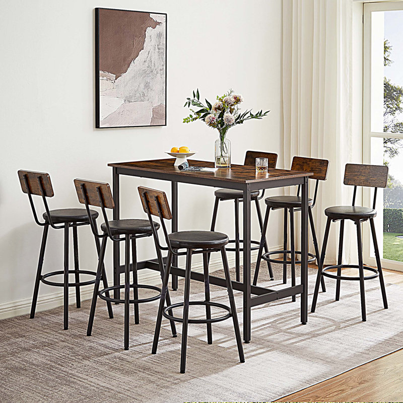 Long Bar Table Set with PU Upholstered Bar Stools, Industrial Bar Table and Chairs for Kitchen Breakfast Table, Living Room, Banquet Hall