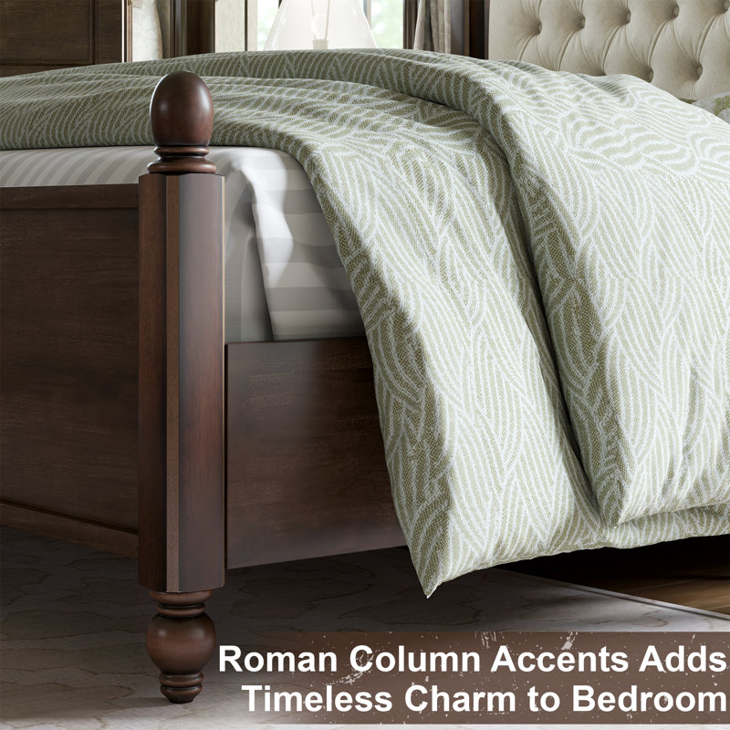 Walnut Queen Bed Frame with Upholstered Headboard and Wood Slat Support