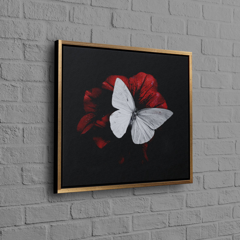 Modern Butterfly and Flower Wall Art on Canvas for Home Decor, 40 cm H x 40 cm W, Framed Print without Mat, Gold