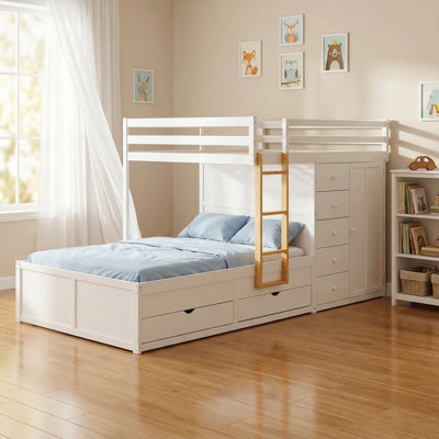 Full Over Full Modern Bunk Bed With Built In Closet And 7 Storage Drawers
