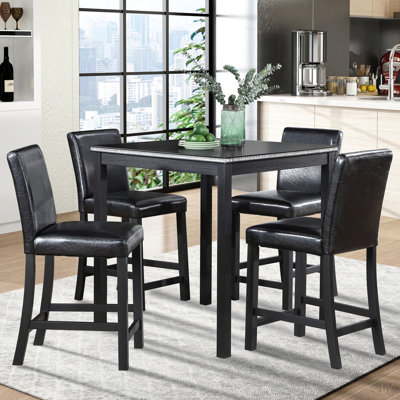 5 Piece Counter Height Table Set, Wooden Kitchen Table Set with Square Table and 4 Upholstered Chairs, Counter Height Dining Table with Crystal Decoration and Chair Set for Kitchen, Dining Room