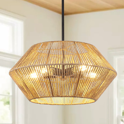 5 - Light Dimmable Bohemian Hand-Woven Rattan Drum Chandelier for Kitchen Island Living Room