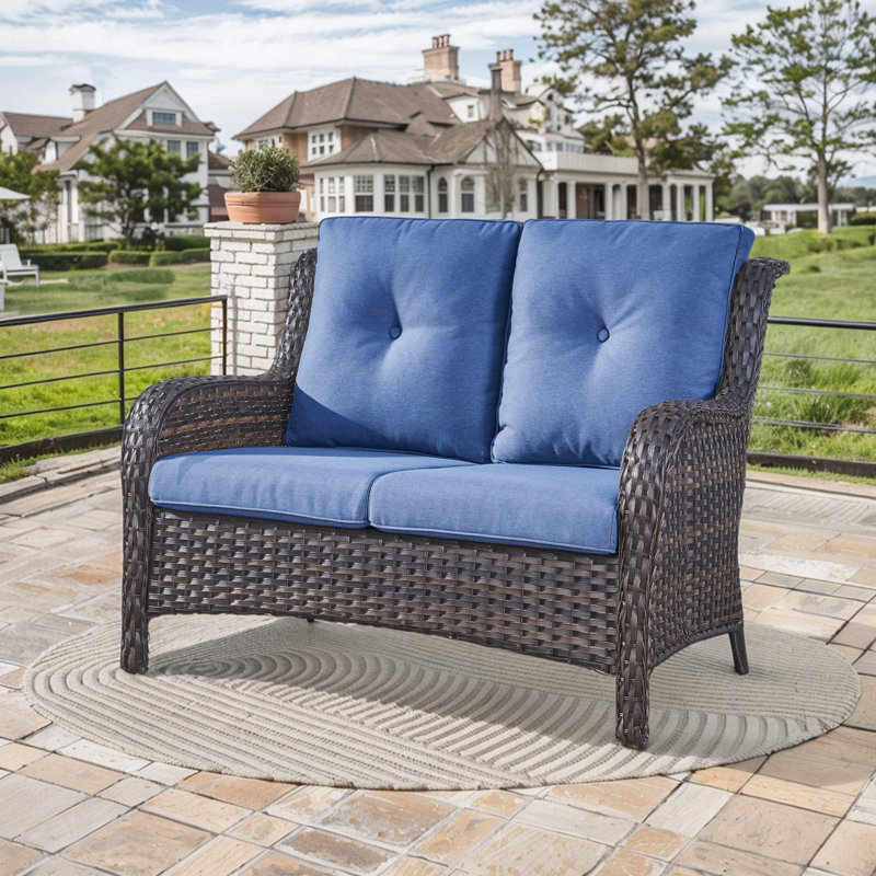 Schutt 50" Wide Outdoor Wicker Loveseat With Cushions, Blue, Brown