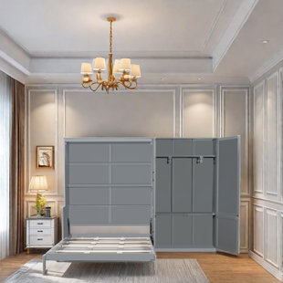 Murphy Bed With Side Flip, Hydraulic Lift System, Built-In Wardrobe Storage, Space-Saving Wall Bed With Flexible Slats, Modern Design For Guest Room, Home Office, Or Home Gym