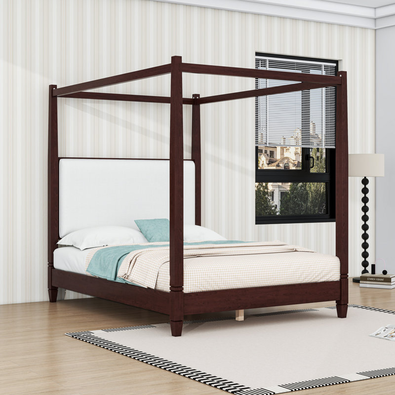 Canopy Bed with Upholstered Headboard, Espresso, Queen