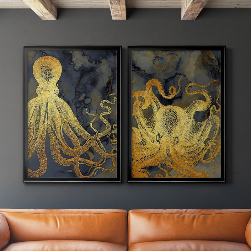 Octopus Ink Gold & Blue I - ensemble de 2 reproductions d'art sur toile encadrées, H 24,5 po x l 37 po x P 1,25 po, Noir