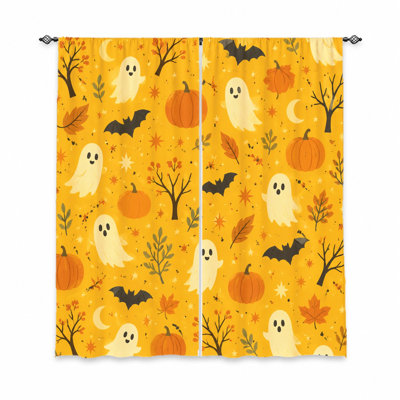 2Pcs Halloween ghost bat pumpkin pattern curtains, light filtering fabric, cute and festive design, sunshade privacy protection, rod-pocket, suitable for living room, bedroom, kitchen home decoration