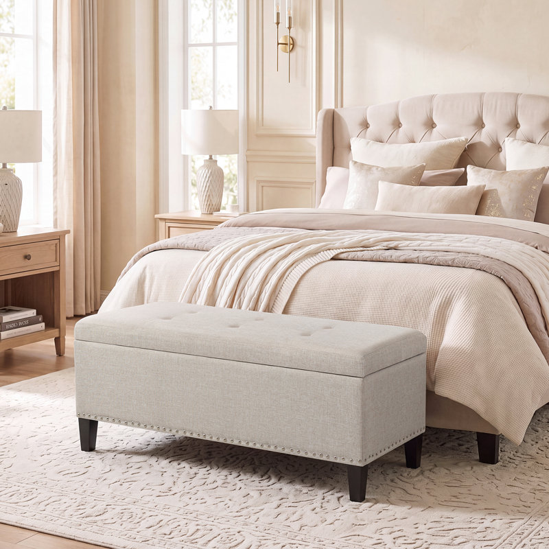Repose-pieds capitonné rectangulaire de 42 po avec rangement, Beige Fabric