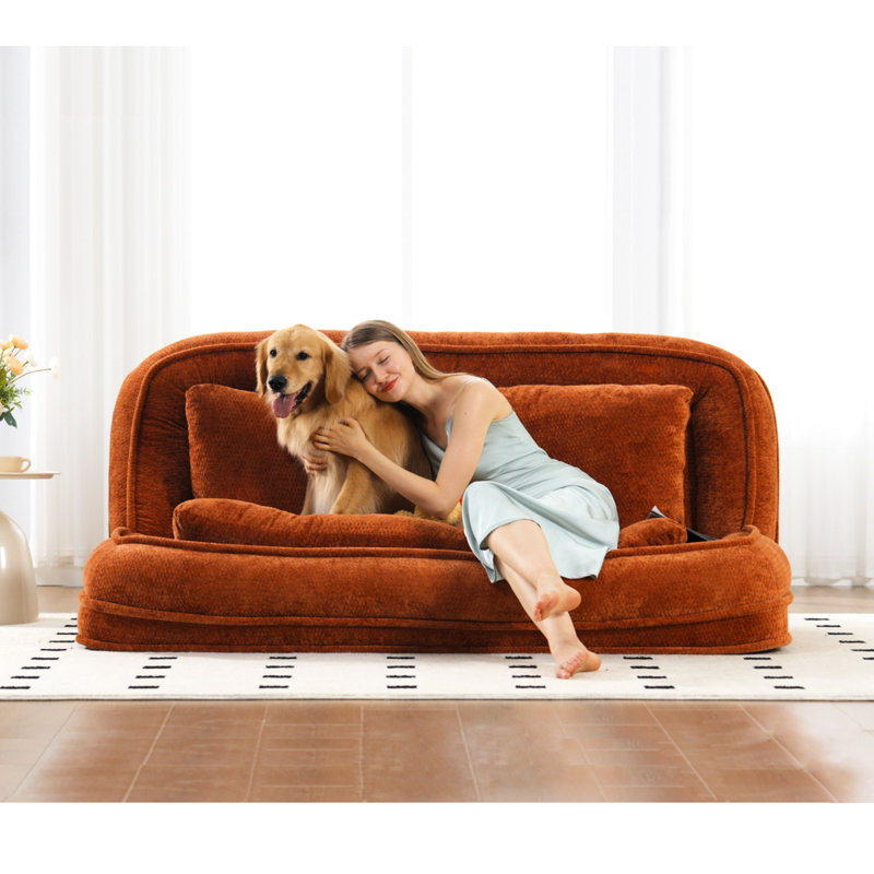 Lit double pour chien paresseux en chenille orange 2 places pour se détendre avec un verre, Orange