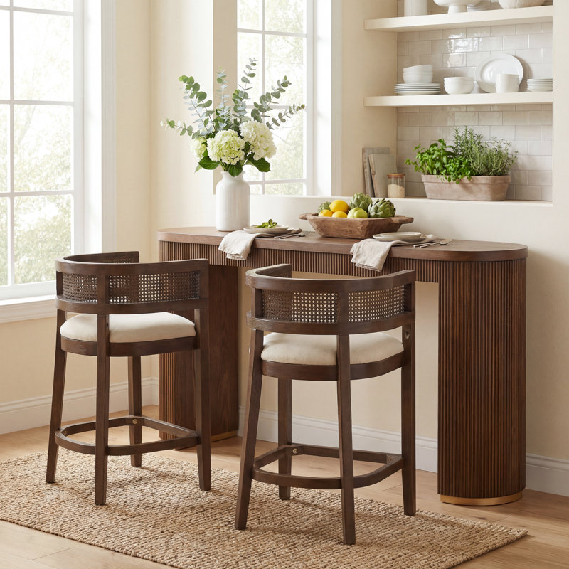 Oech 2-Person Counter Height Dining Table Set With Rattan Back & Upholstered Stools