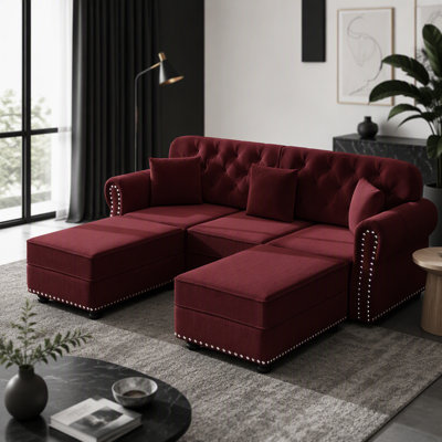 Mid-Century Modern Sofa with Velvet Upholstery, Nailhead Trim, and Rolled Armrests, Includes 3 Pillows, Burgundy