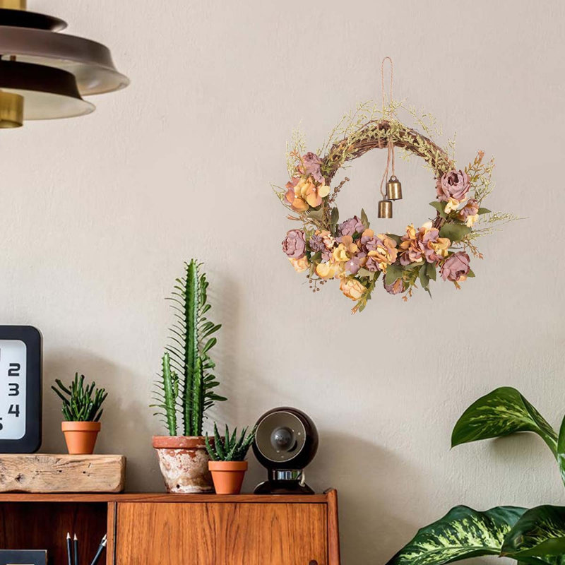 Couronne de soie artificielle rose, couronne de décoration de café pour porte murale de bureau extérieur