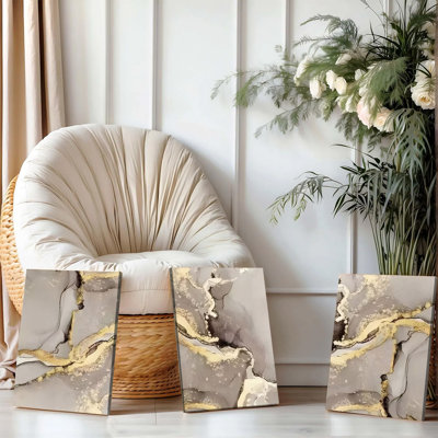 3PCS Wall Arts Posters Framed, Abstract Marble Canvas Wall Art with Gold Foil Accents Modern Home Decor for Living Room Bedroom Office Minimalist Grey and Gold Abstract Painting Set of 3 Premium Quality Ready to Hang