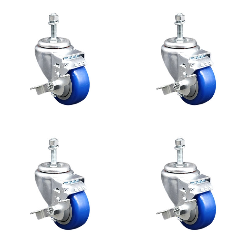 3 Inch_Polyurethane Swivel 10mm Threaded Stem Caster Set with Brake, Bleu