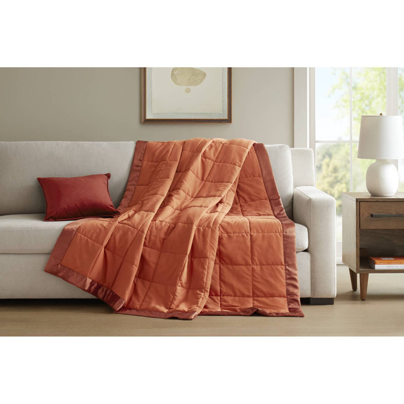 Lightweight Down Alternative Blanket with Satin Trim for Warm Weather Comfort, Orange, Queen