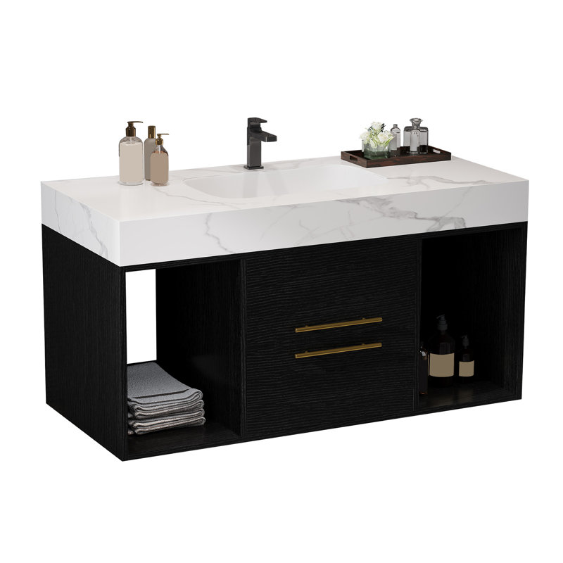 Meuble-lavabo flottant avec lavabo en céramique, Chêne clair