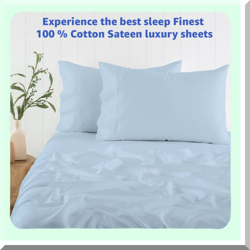 Luxury Sateen Soft Cotton Sheets Set - 600 Thread Count, Long Staple, Hotel Collection Bedding, Smooth & Breathable, Light Blue Solid, Queen Size