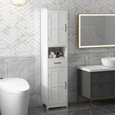 Modern Bathroom Cabinet, Narrow Storage Cabinet With Open Shelf, Drawer, Recessed Doors And Adjustable Shelves, White