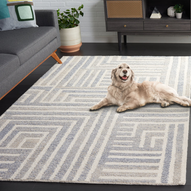 Nedin Hand Tufted Pet Yarn/Wool/Cotton Striped Rug in Blue/Ivory, Rectangle 5' x 8'
