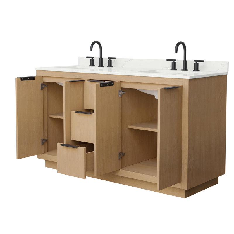 Meuble-lavabo double 60 po avec plateau en quartz Maroni, Quartz blanc, Noir mat, Centre de 8 po
