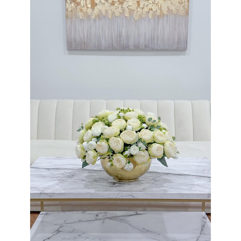 Faux White/Green Ombre Peony Centerpiece: French Country Gold Vase Arrangement