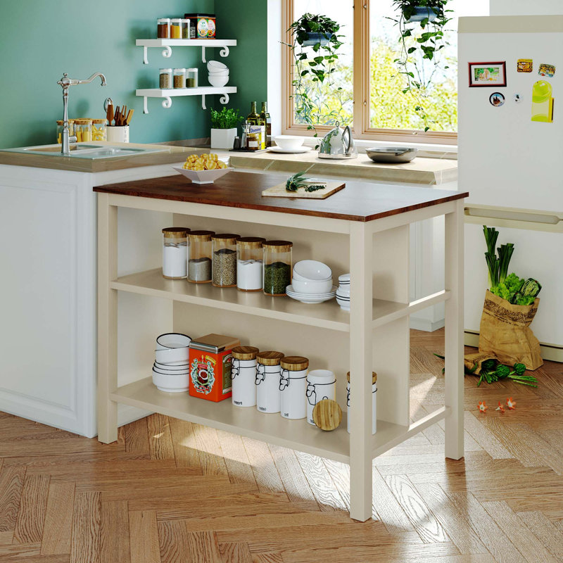 TOPMAX Solid Wood Rustic 45" Stationary Kitchen Island, Rubber Wood Butcher Block Dining Table Prep Table With 2 Open Shelves For Small Places,Walnut+Cream White