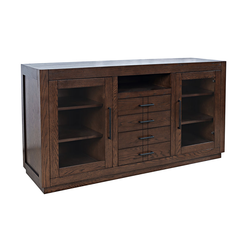 Kavia 60" Contemporary Media Console with Tempered Glass Doors, Drawers and Adjustable Shelves - Light Oak, Dark Brown Wood