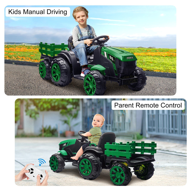 Green 12V Kids Ride-On Tractor with Trailer and Remote Control