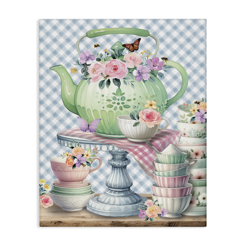 «Tea Kettle on Gingham», art mural sur toile par Nicole DeCamp, H 40 po x l 30 po