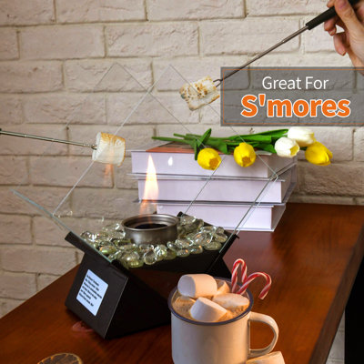 Tabletop Fire Pit Set - Indoor Outdoor Mini Fireplace with Heat-Resistant Glass, Roasting Tools, Fireproof Mat, Stones - Portable Flame for Home and S'mores