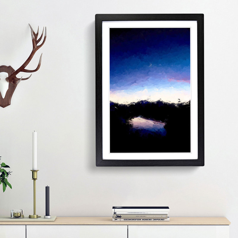 Crescent Moon Above a Lake in Abstract - Picture Frame Graphic Art Print, 65cm H x 48cm W x 2cm D, Black Framed
