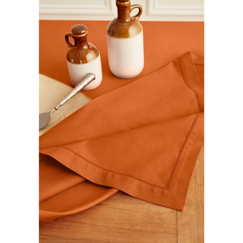 Cotton Linen Hemstitch Tablecloth, Pumpkin, 144" x 60"