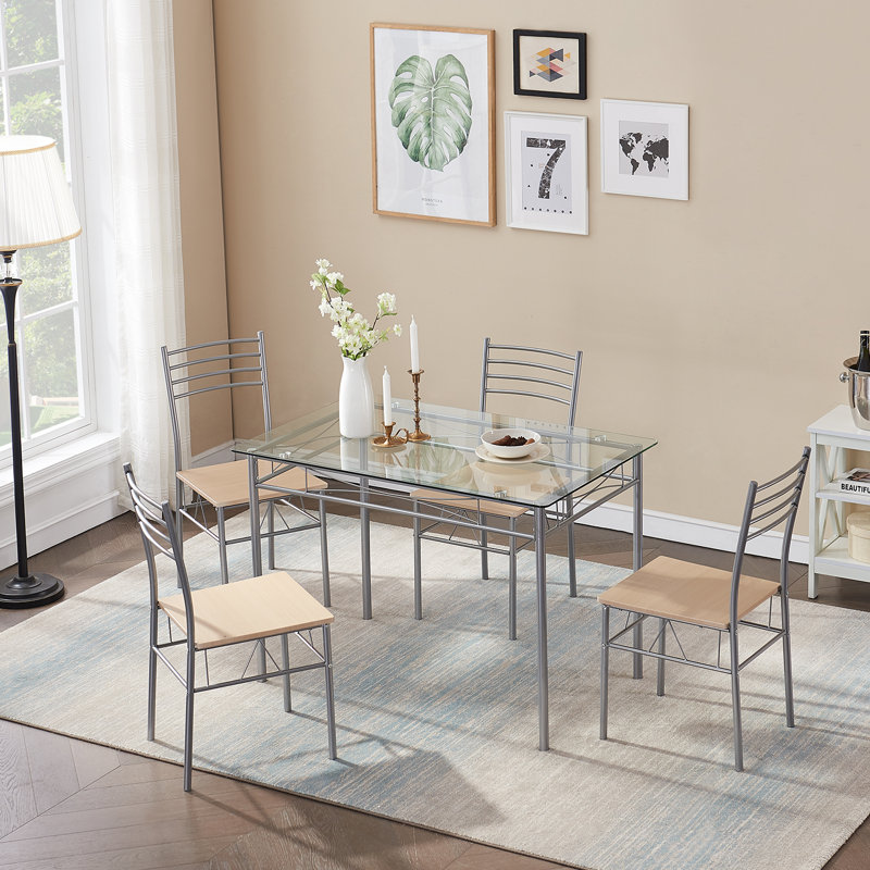 TC 5Pcs Dining Table Set with 4 Placemats, Metal Glass Table and 4 Chairs Kitchen Breakfast Home