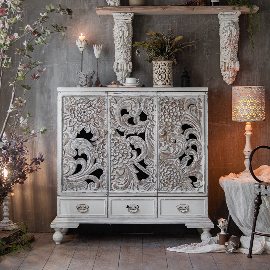 HomeCanvas Vintage Living Room Storage Carved Accent Solid