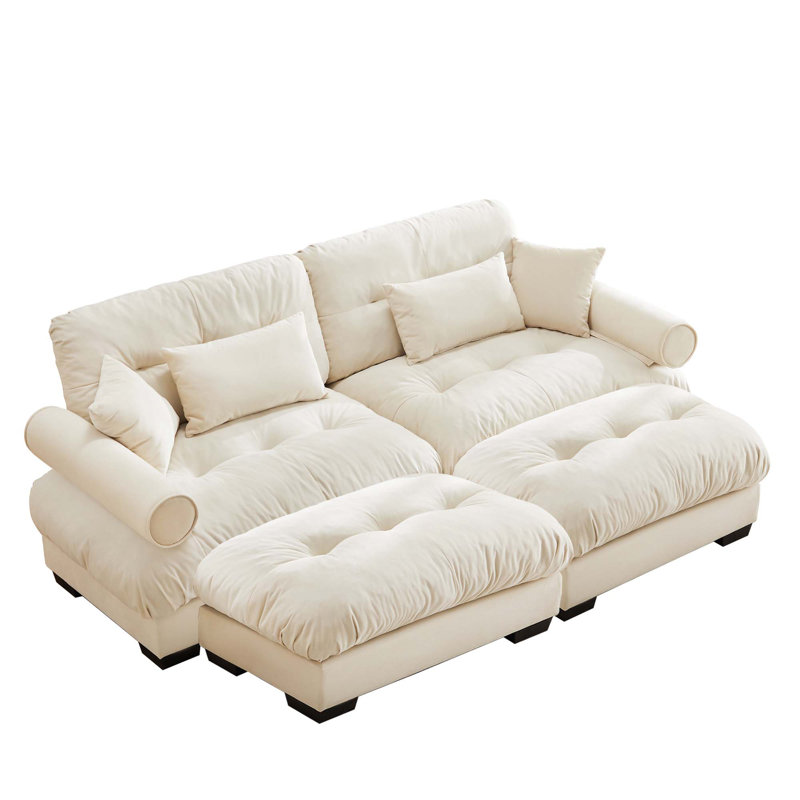 Canapé moderne à 2 places avec 2 repose-pieds et coussins, Crème