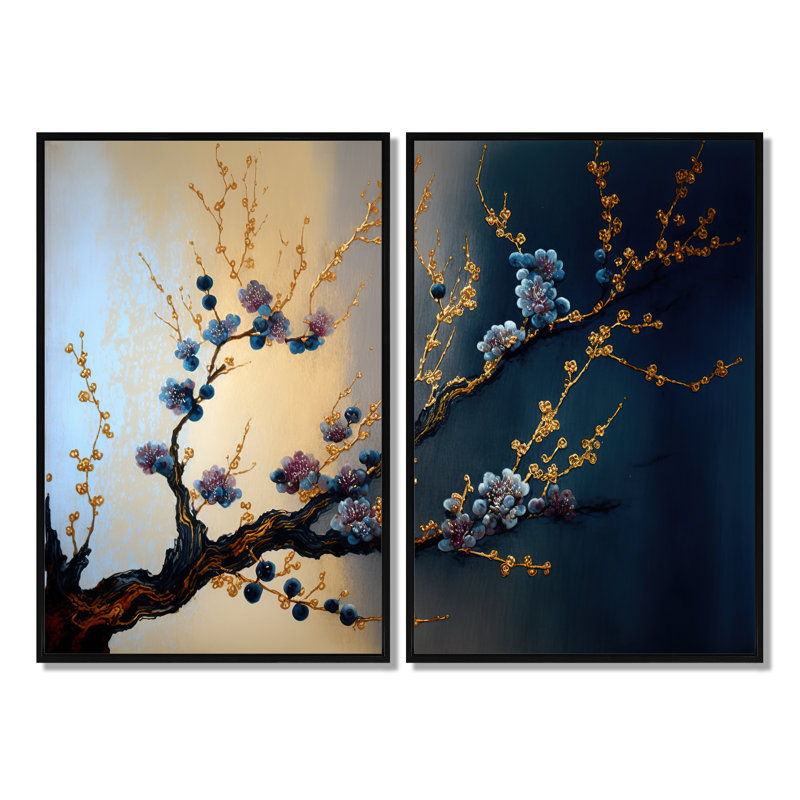 Branche de cerisier bleu I - paysages, bonsaï sur toile, 2 pièces, H 36 po x l 48 po, Noir