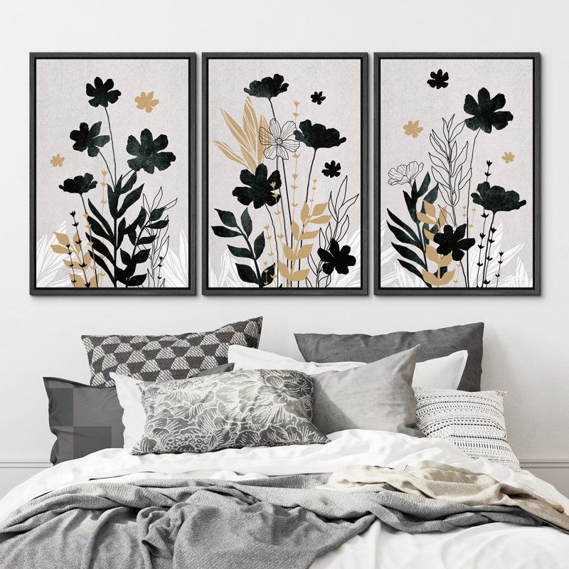 «Botanical Black and Gold Midnight Flora Elegant Floral Silhouettes Illustration Modern Art Decor», 3 pièces, Noir