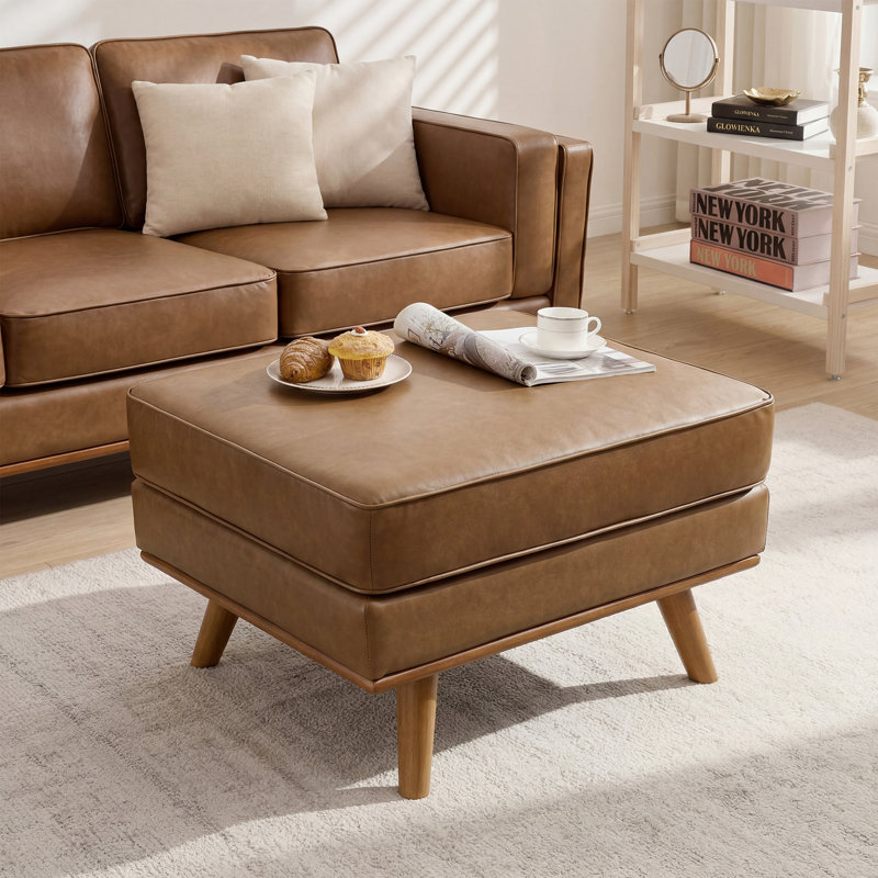 Inayat 29.7''W Upholstered Ottoman, PU Leather - Brown