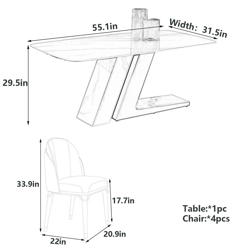 Table de salle à manger moderne et minimaliste avec panneau de pierre, H 29,5 po x L 55,1 po x l 31,5 po