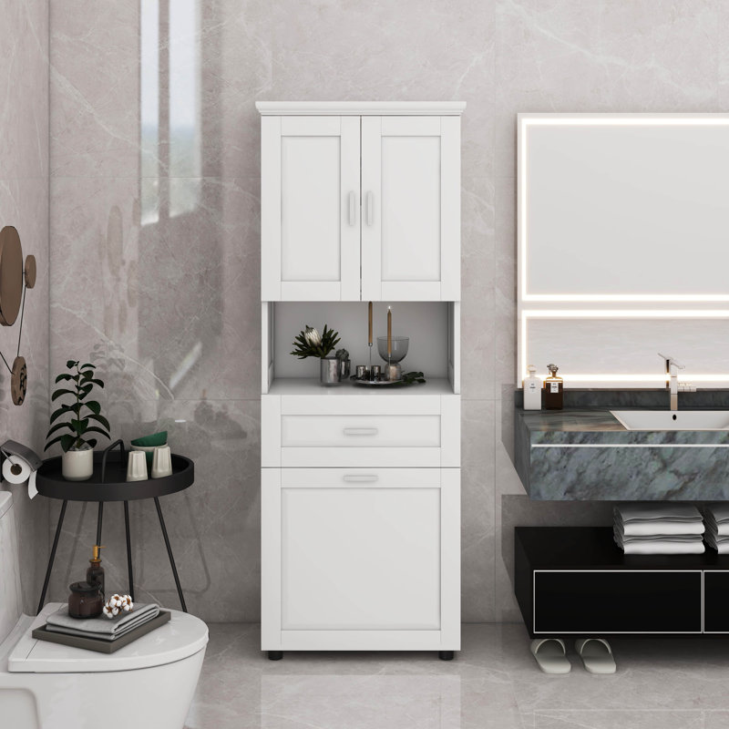 Grande armoire de salle de bain avec panier à linge, grand panier à linge inclinable et armoire de rangement supérieure,