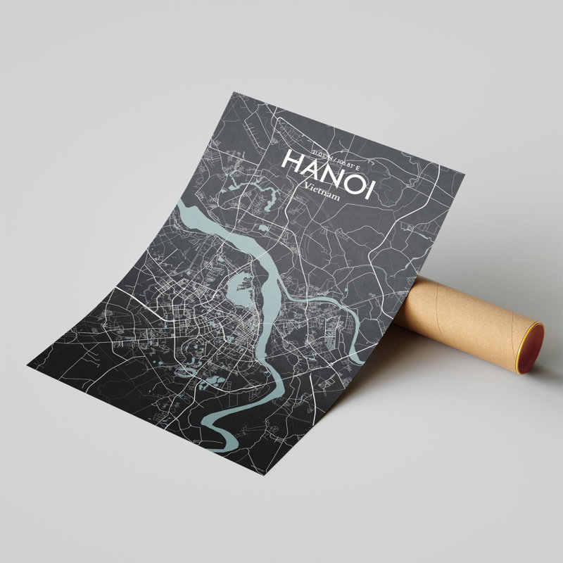 Hanoi, carte de la ville, impression, H 17 po x l 11 po, Gris/noir