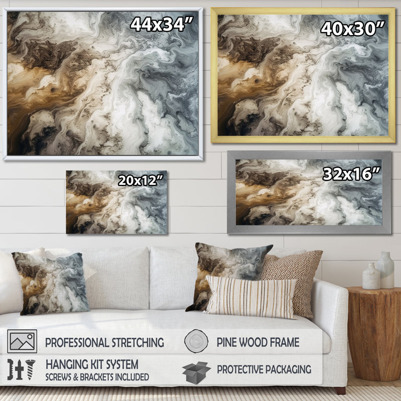 Abstrait marbre avec copie espace II - fractales, art mural pour le salon, Cadre flottant noir, H 16 po x l 32 po x P 1 po