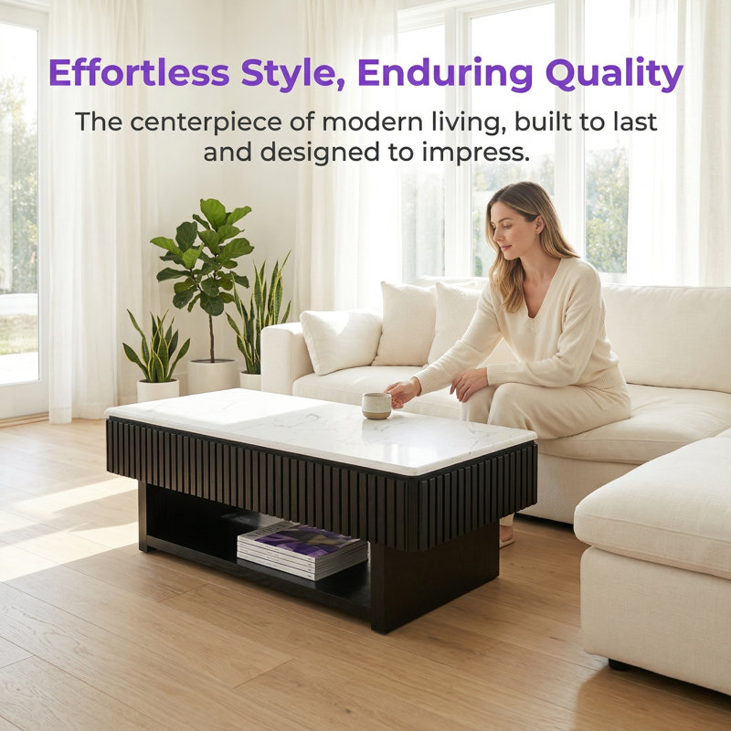 Table basse cannelée moderne avec plateau relevable, rangement dissimulé et tiroir, multifonction pour petits espaces