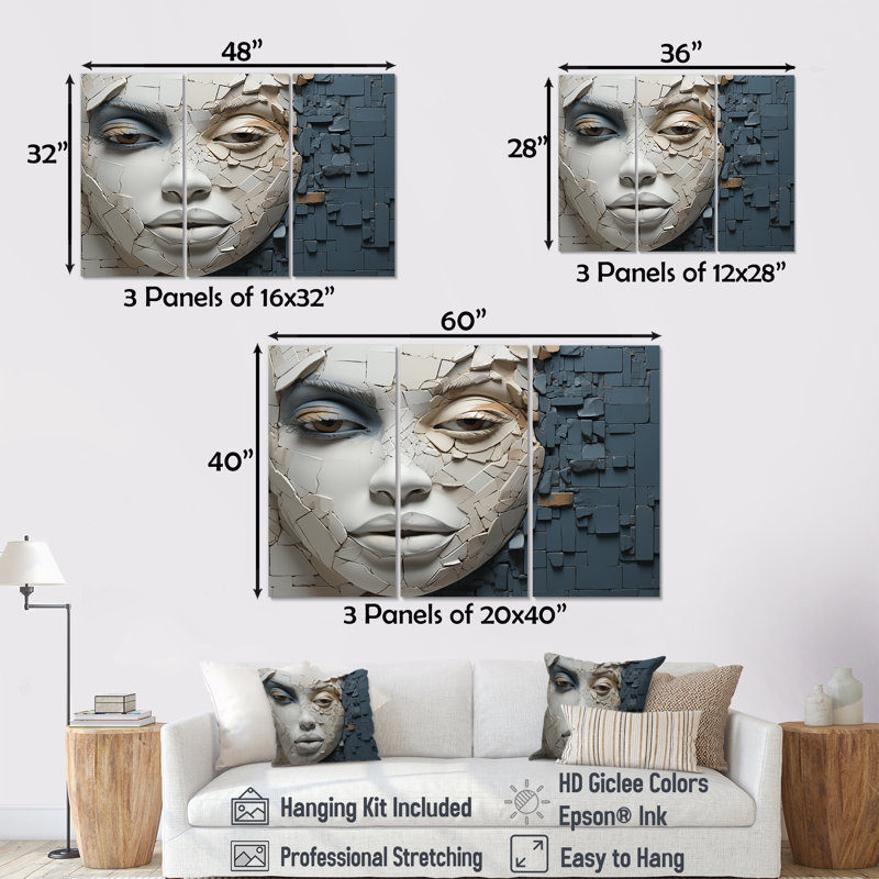 «Blue and Beige African Woman Collage», ensemble d'art mural sur toile Afrique, H 32 po x l 48 po
