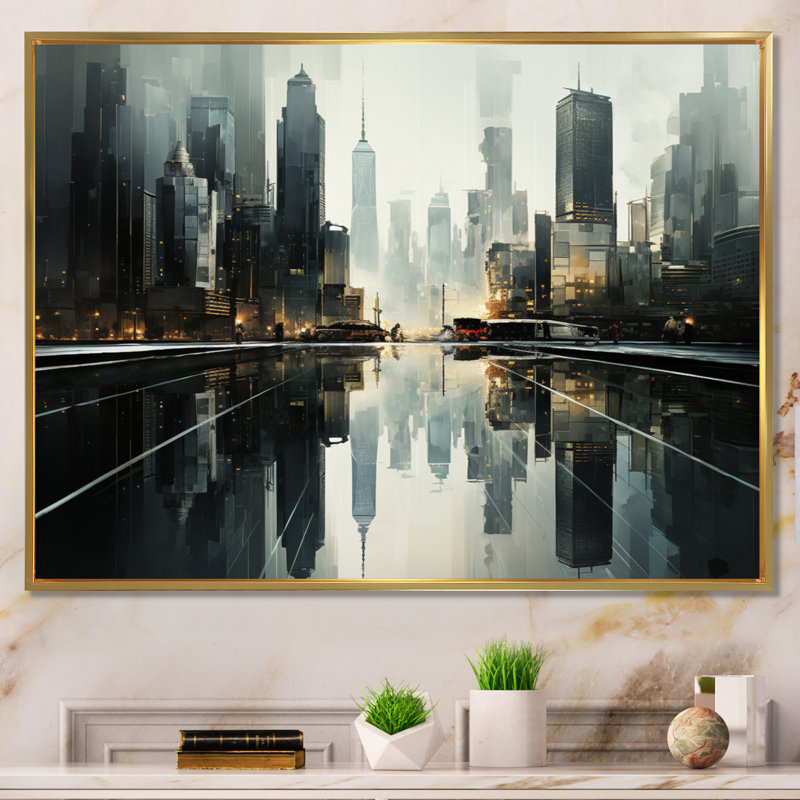 Skyscrapers Urban Mirage II - impression, H 12 po x l 20 po x P 1 po, Cadre flottant doré