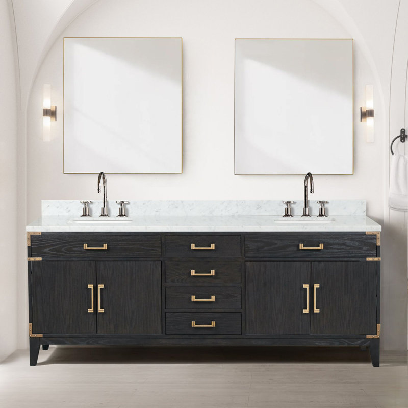 Meuble-lavabo double en chêne noir 84 po X P 22 po D, plateau en marbre de Carrare et Miroirs, Noir / Carrare